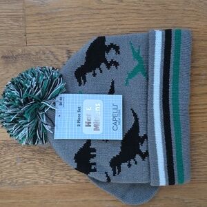 CAPELLI OF NEW YORK BRAND BOYS GRAY & BLACK DINOSAUR WINTER HAT & MITTENS 2T-4T